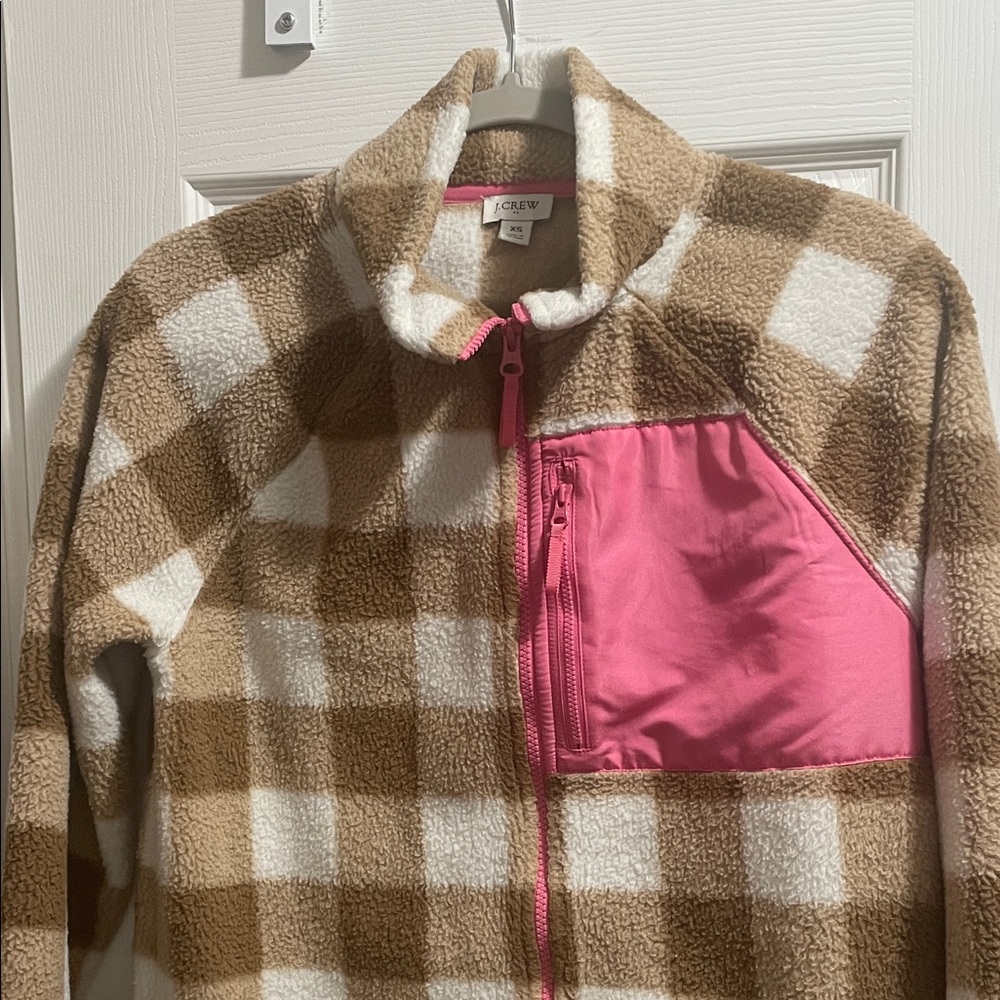 Crown & Ivy Tan and White Checkered J. Crew Fleece with Pink Accent
